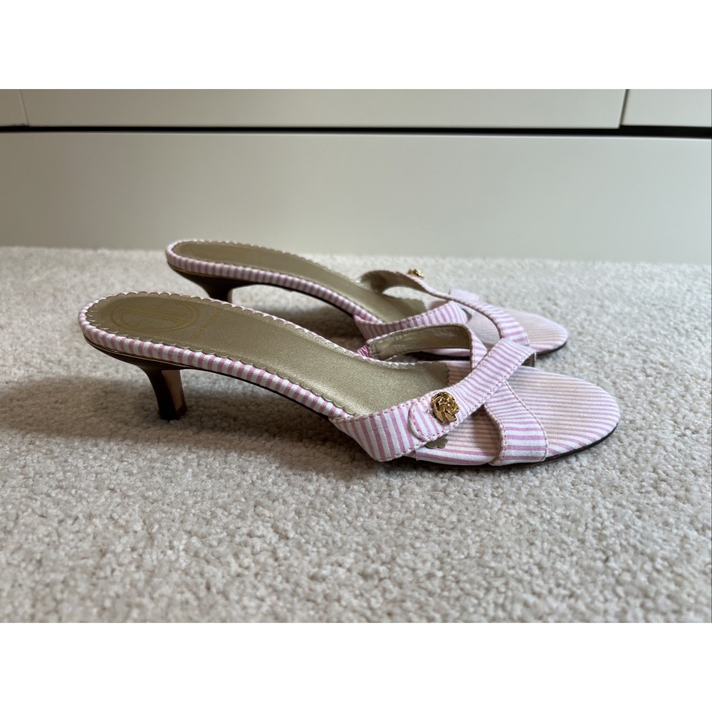 Lilly Pulitzer Via Palm Beach Pink Candy Stripe Mules Kitten Heel Resort Brunch